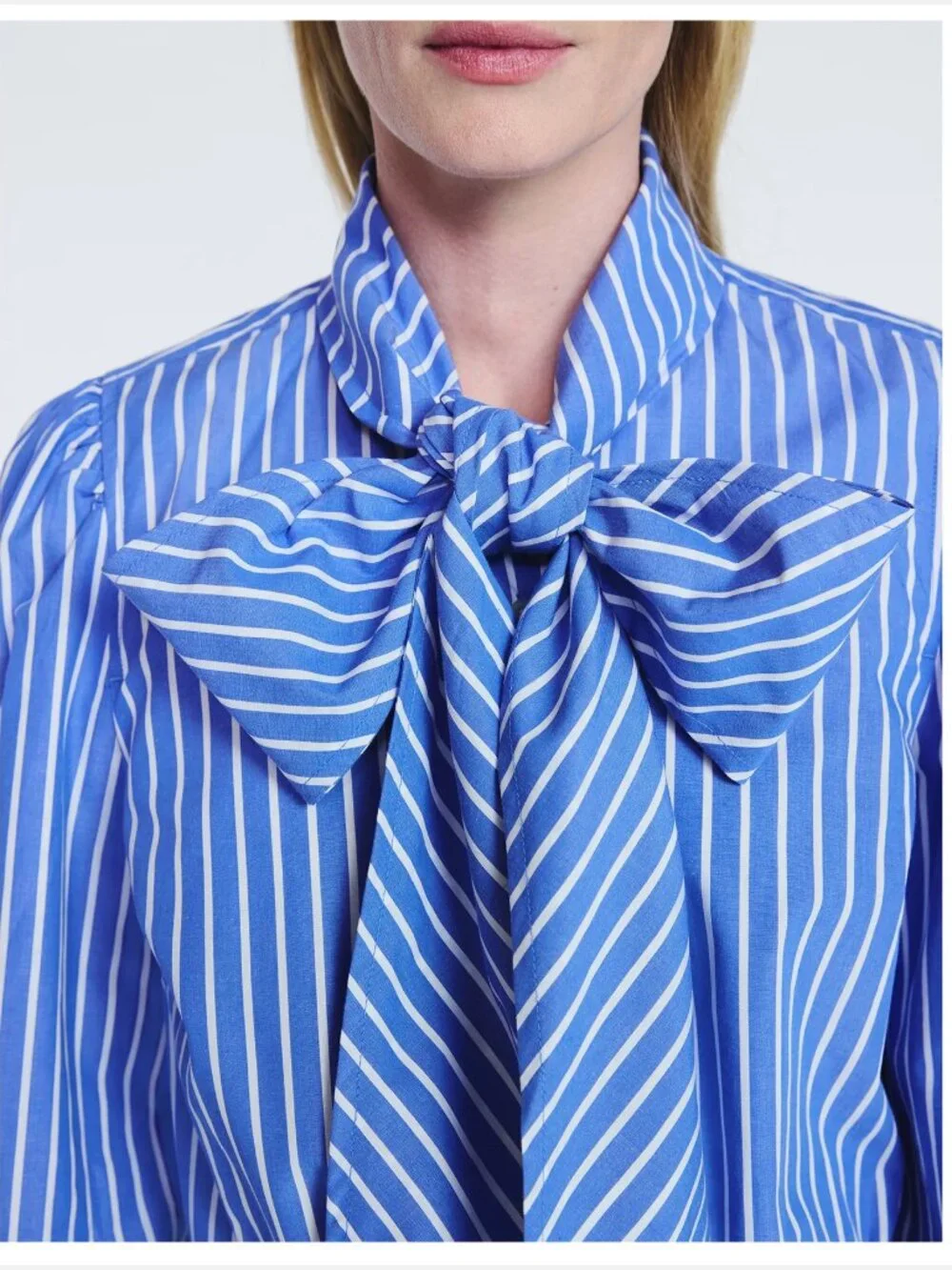 Free Assembly Blue Striped Tie Neck Cotton Long Puff Sleeve Blouse S - Picture 2 of 5
